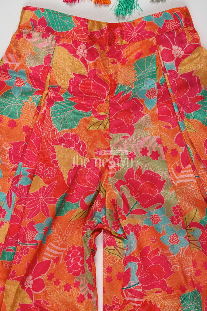 The Nesavu Girls Sharara / Plazo Set Girls Chinon Printed Sharara Suit with Tassel Accents and Embroidery in Vibrant Orange Nesavu Nesavu Girls Chinon Embroidered Sharara Suit Tassels Vibrant Orange Festive Occasions