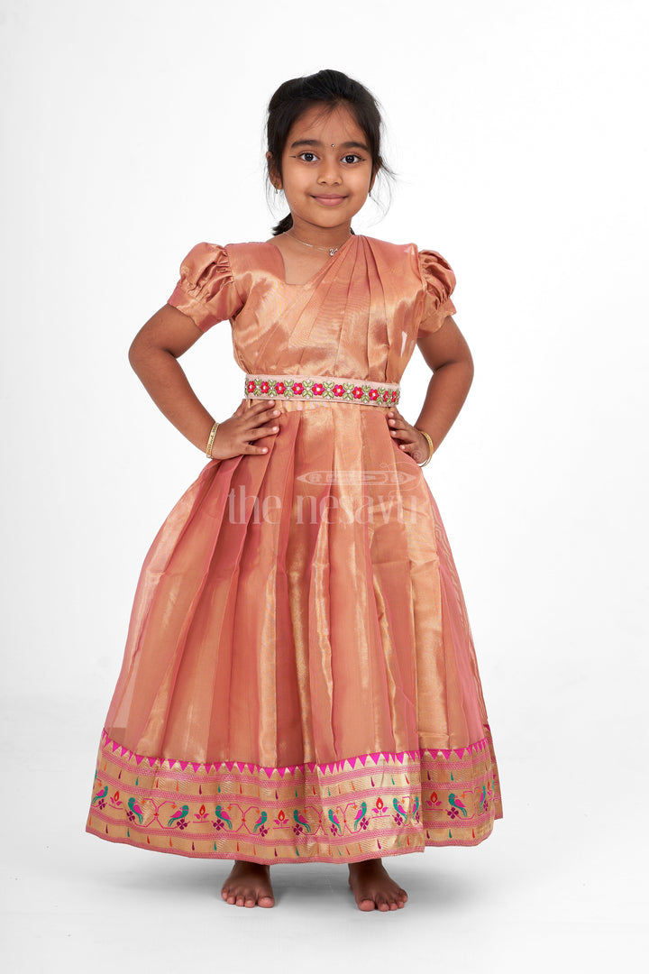 The Nesavu Girls Silk Gown Girls Christmas Party Gown in Tissue Silk with Floral Embroidered Border Nesavu 16 (1Y) / Brown GA277A-16 Nesavu Girls Christmas Party Gown Tissue Silk Floral Embroidery