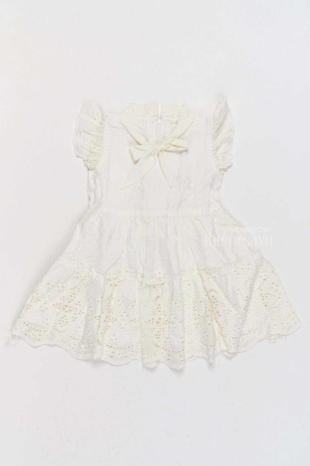 The Nesavu Girls Cotton Frock Girls Cinderella Fancy Cotton Dress with Bow and Eyelet Design Nesavu Nesavu Girls Cinderella Fancy Cotton Dress Eyelet Embroidery Bow