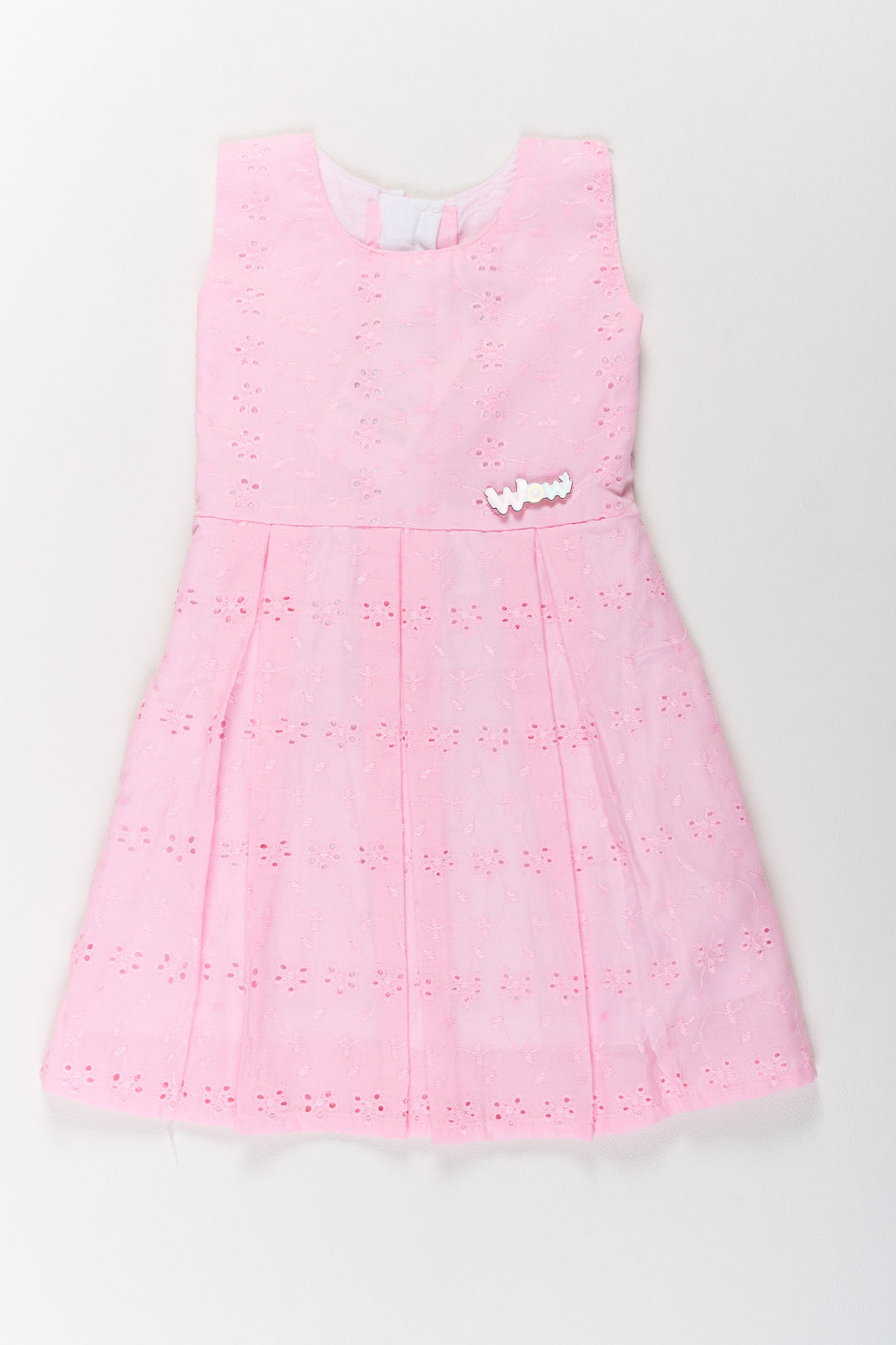 The Nesavu Girls Cotton Frock Girls Cotton Dress Short in Pink with Elegant Eyelet Detailing Nesavu 20 (3Y) / Pink GFC1569C-20 Nesavu Girls Cotton Short Dress Pink Eyelet Embroidery