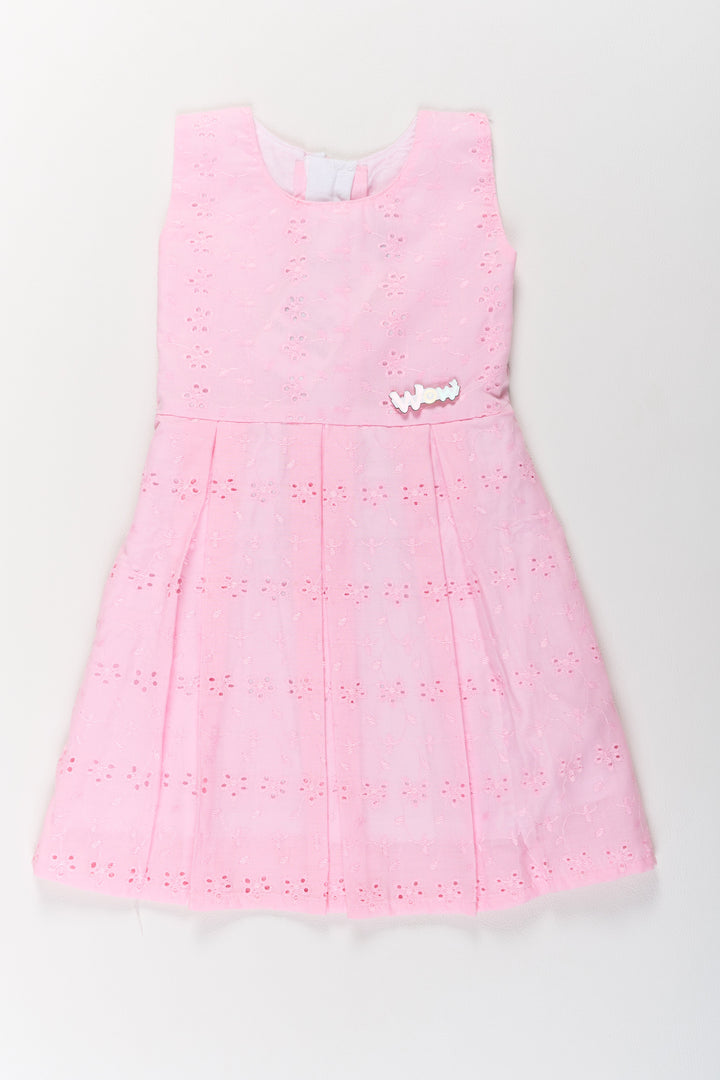 The Nesavu Girls Cotton Frock Girls Cotton Dress Short in Pink with Elegant Eyelet Detailing Nesavu 20 (3Y) / Pink GFC1569C-20 Nesavu Girls Cotton Short Dress Pink Eyelet Embroidery