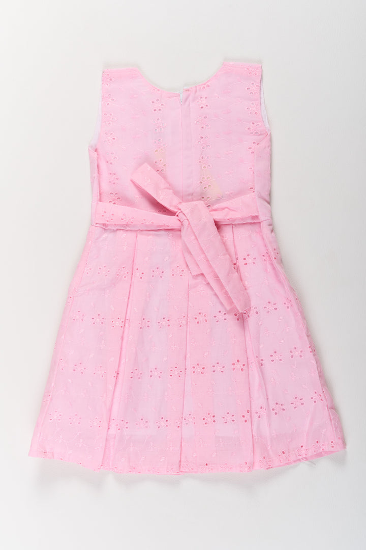 The Nesavu Girls Cotton Frock Girls Cotton Dress Short in Pink with Elegant Eyelet Detailing Nesavu Nesavu Girls Cotton Short Dress Pink Eyelet Embroidery