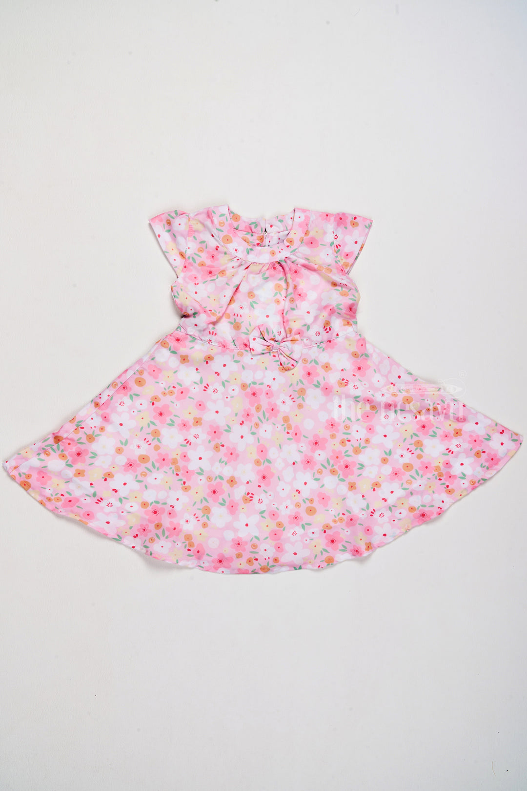 The Nesavu Girls Cotton Frock Girls Cotton Dress with Soft Floral Print and Adorable Bow Nesavu 20 (3Y) / Pink GFC1517A-20 Girls Floral Cotton Dress Bow Accent Comfort Style