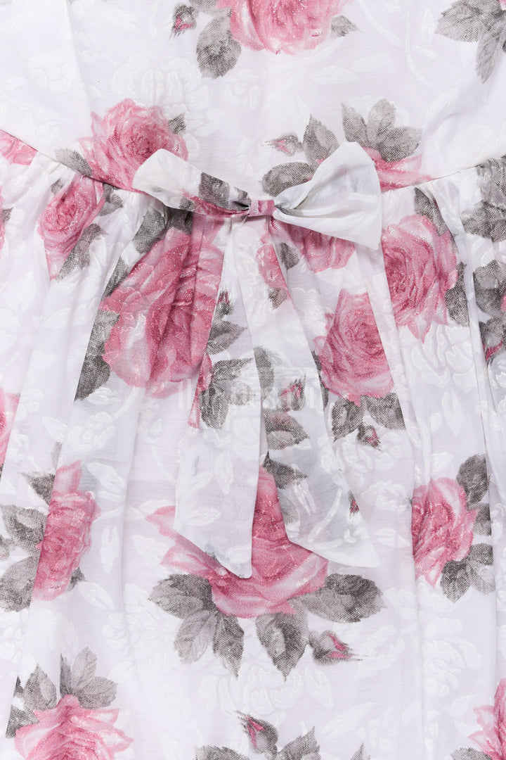 The Nesavu Girls Fancy Frock Girls Cotton Frock with Pink Rose Prints and Elegant Bow Accent Nesavu Nesavu Girls Cotton Frock Pink Rose Prints Elegant Bow Accent