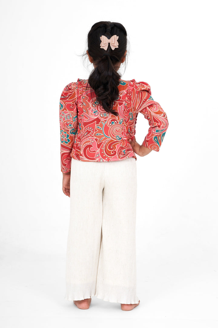 The Nesavu Girls Sharara / Plazo Set Girls Cream Garara Sharara Set with Vibrant Printed Blazer and Palazzo Pants Nesavu Nesavu Girls Cream Garara Sharara Printed Blazer Palazzo Festive Elegance