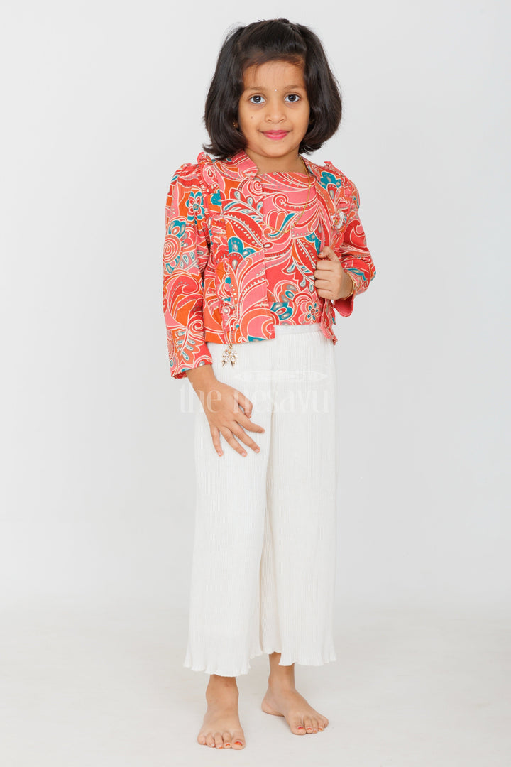 The Nesavu Girls Sharara / Plazo Set Girls Cream Garara Sharara Set with Vibrant Printed Blazer and Palazzo Pants Nesavu Nesavu Girls Cream Garara Sharara Printed Blazer Palazzo Festive Elegance