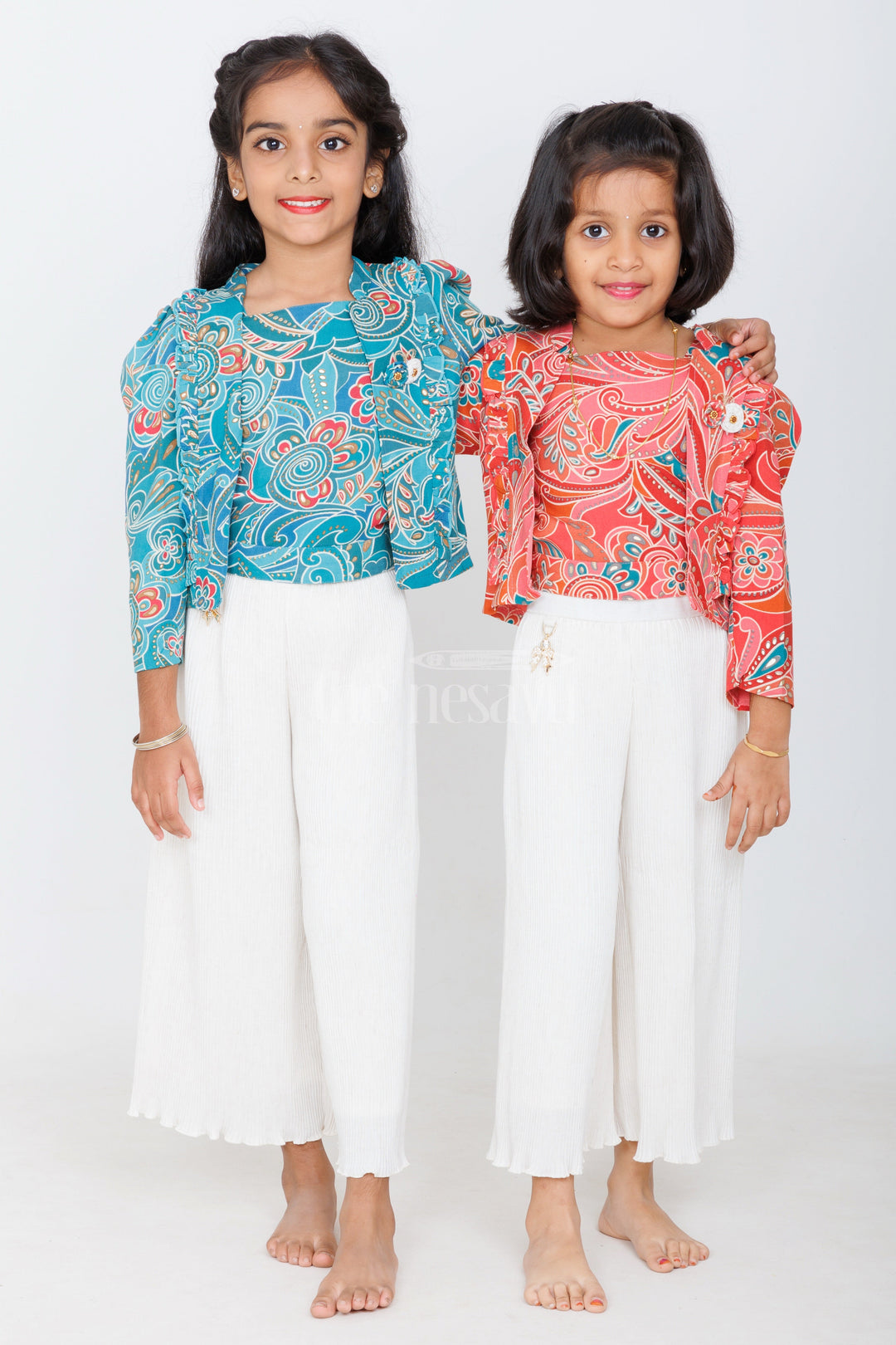 The Nesavu Girls Sharara / Plazo Set Girls Cream Garara Sharara Set with Vibrant Printed Blazer and Palazzo Pants Nesavu Nesavu Girls Cream Garara Sharara Printed Blazer Palazzo Festive Elegance