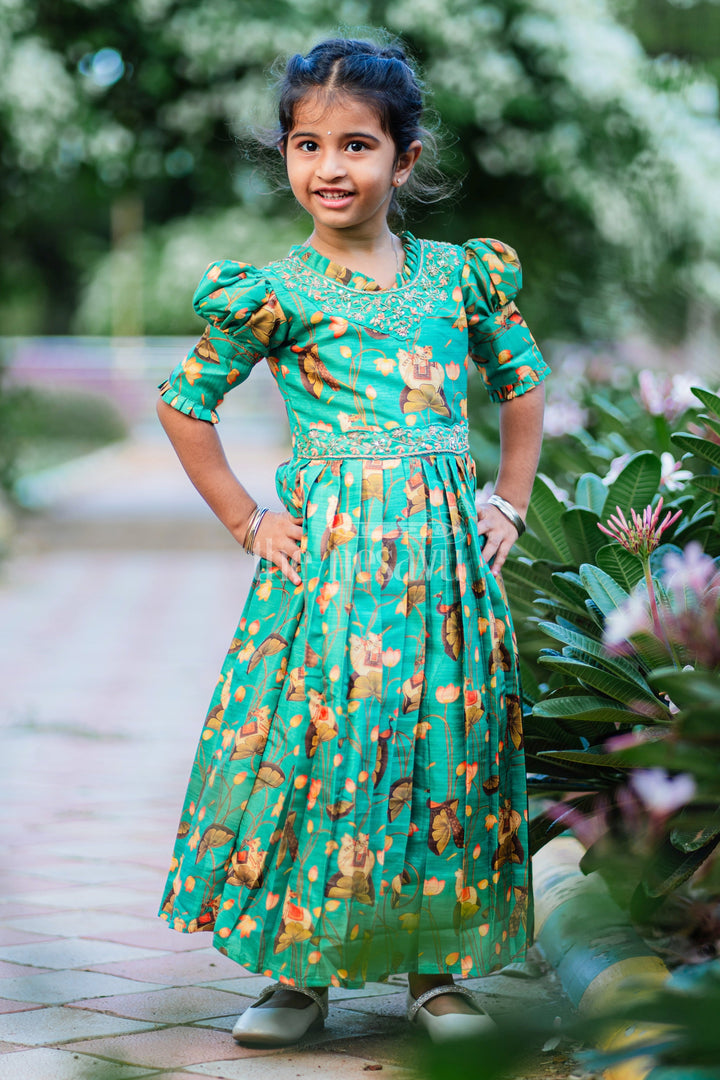 The Nesavu Girls Party Gown Girls  Emerald Green Floral Printed Anarkali Gown with Traditional Motifs Nesavu Traditional Emerald Green Anarkali Gown for Girls with Floral Print | The Nesavu