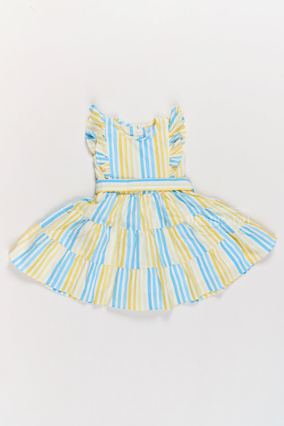 The Nesavu Girls Cotton Frock Girls Fancy Frock Cotton with Yellow and Blue Stripes and Ruffled Sleeves Nesavu 20 (3Y) / Yellow GFC1561B-20 Nesavu Girls Fancy Frock Cotton Yellow Blue Stripes Ruffled Sleeves