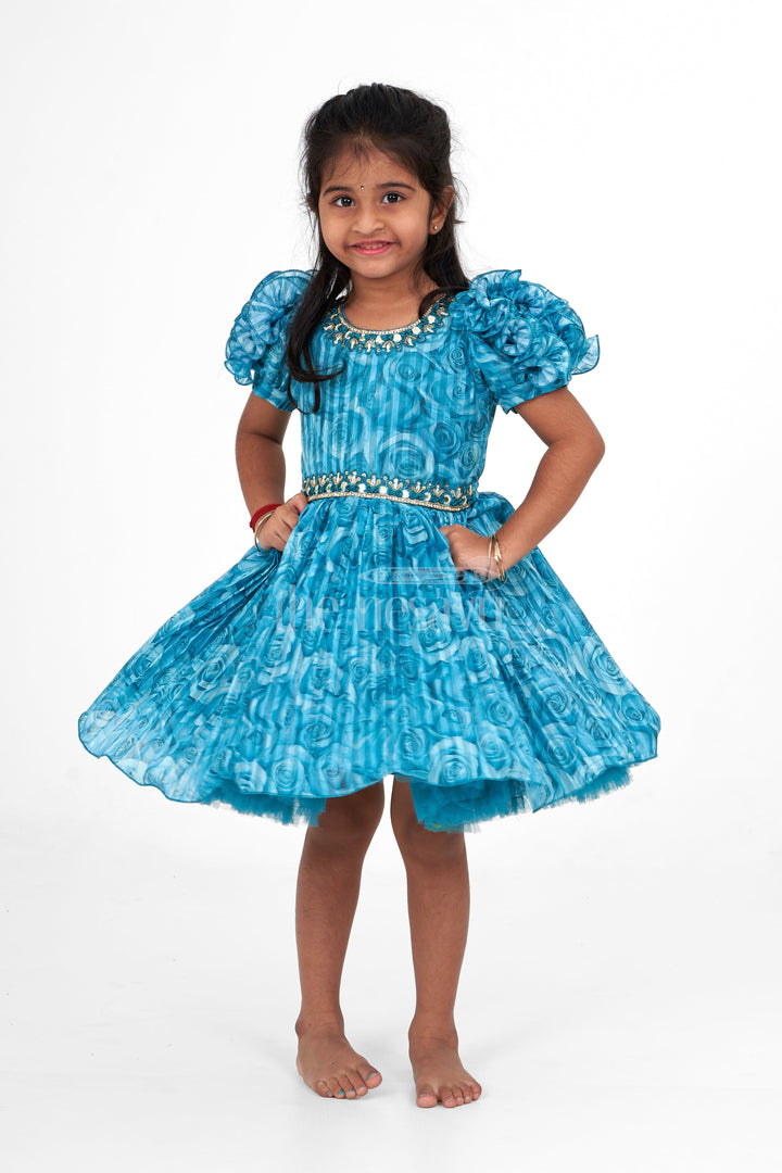 The Nesavu Silk Party Frock Girls Fancy Frock in Blue Organza Printed Fabric with Puff Sleeves and Floral Embellishments Nesavu 18 (2Y) / Blue SF922B-18 Nesavu Girls Fancy Frock Teal Blue Puff Sleeves Floral Embellishments Organza