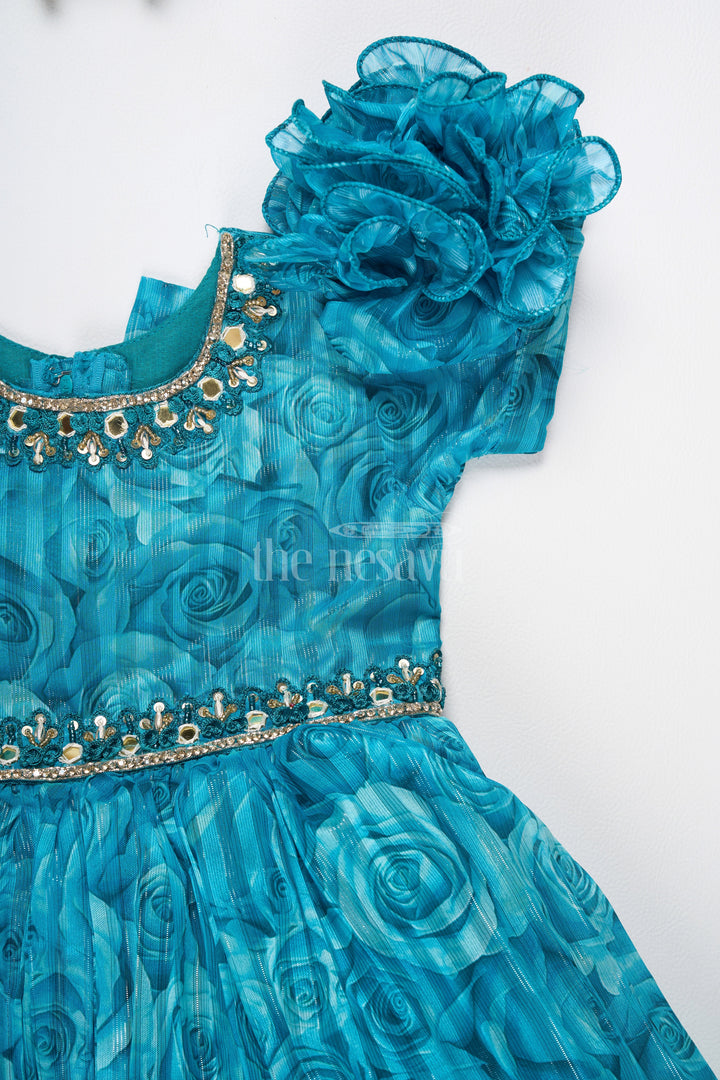 The Nesavu Silk Party Frock Girls Fancy Frock in Blue Organza Printed Fabric with Puff Sleeves and Floral Embellishments Nesavu Nesavu Girls Fancy Frock Teal Blue Puff Sleeves Floral Embellishments Organza