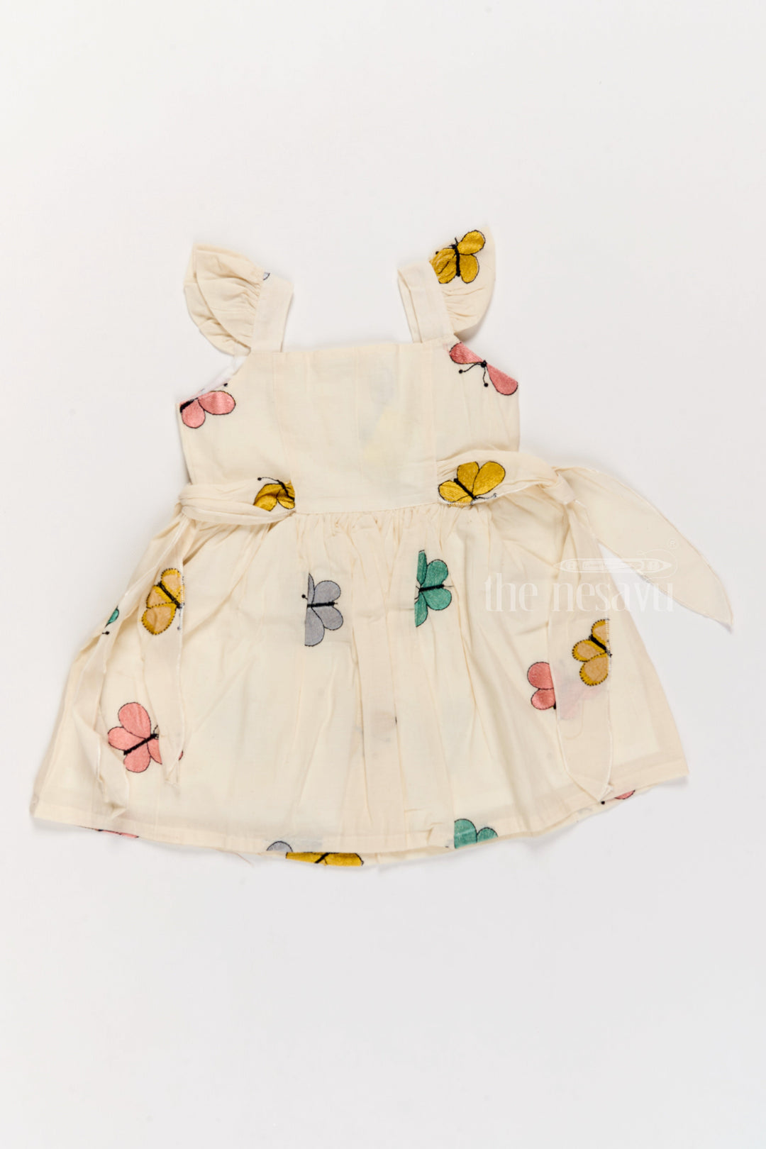 The Nesavu Girls Cotton Frock Girls Fancy Frock with Butterfly Embroidery and Ruffled Sleeves Nesavu 18 (2Y) / Cream GFC1566A-18 Nesavu Girls Fancy Frock Butterfly Embroidery Ruffled Sleeves Side Bow