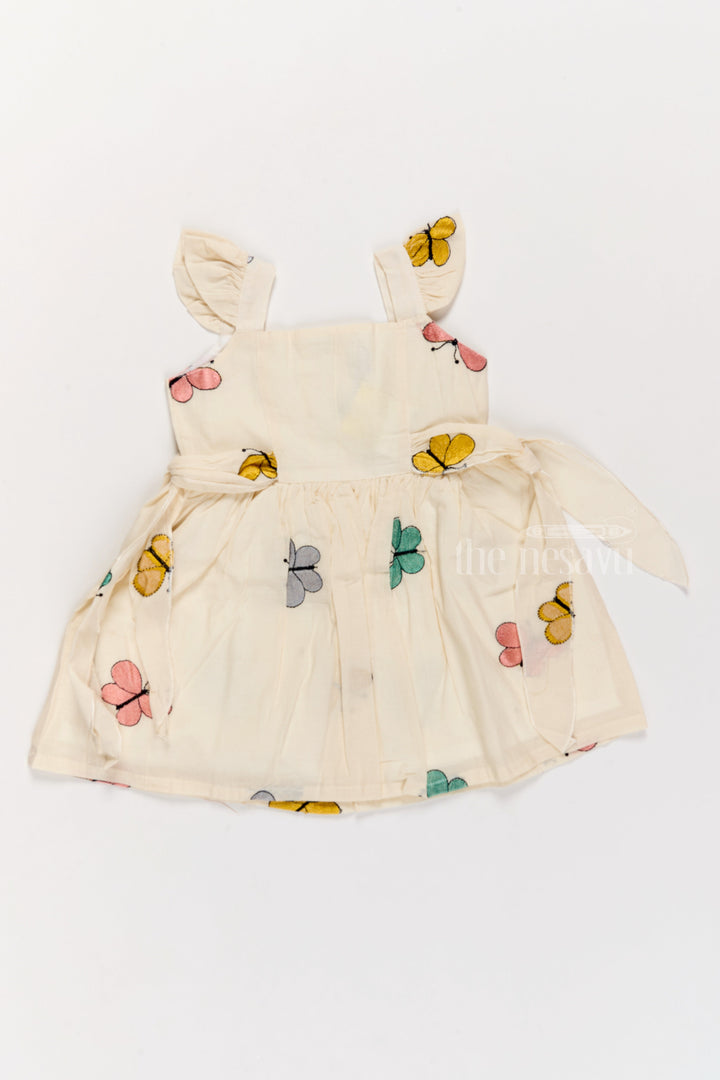 The Nesavu Girls Cotton Frock Girls Fancy Frock with Butterfly Embroidery and Ruffled Sleeves Nesavu 18 (2Y) / Cream GFC1566A-18 Nesavu Girls Fancy Frock Butterfly Embroidery Ruffled Sleeves Side Bow