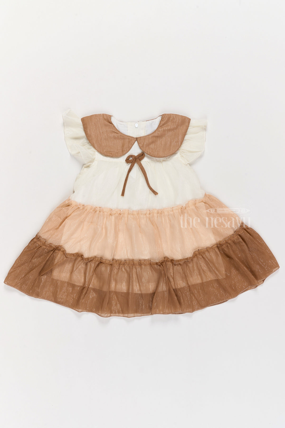 The Nesavu Girls Cotton Frock Girls Fancy Gown Party Wear with Brown Tiered Skirt and Oversized Collar Nesavu Nesavu Girls Fancy Gown Party Wear Brown Tiered Skirt Oversized Collar