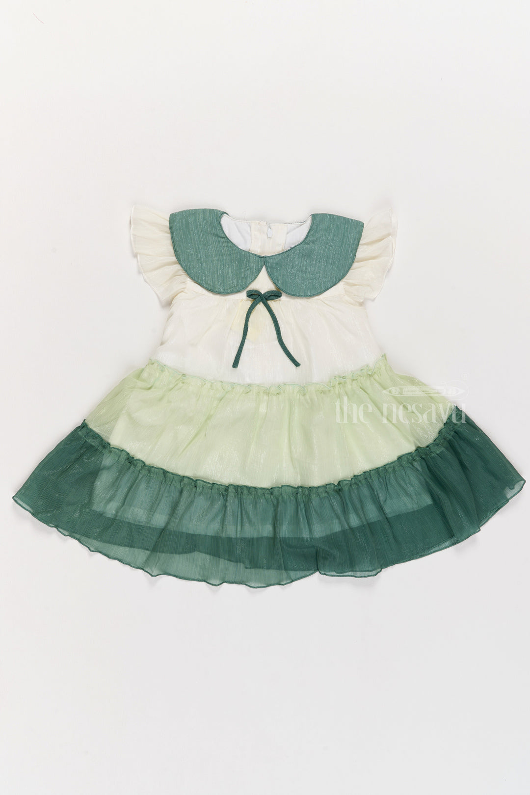 The Nesavu Girls Cotton Frock Girls Fancy Gown with Green Tiered Skirt and Oversized Collar Nesavu Nesavu Girls Fancy Gown Green Tiered Skirt Oversized Collar Flutter Sleeves