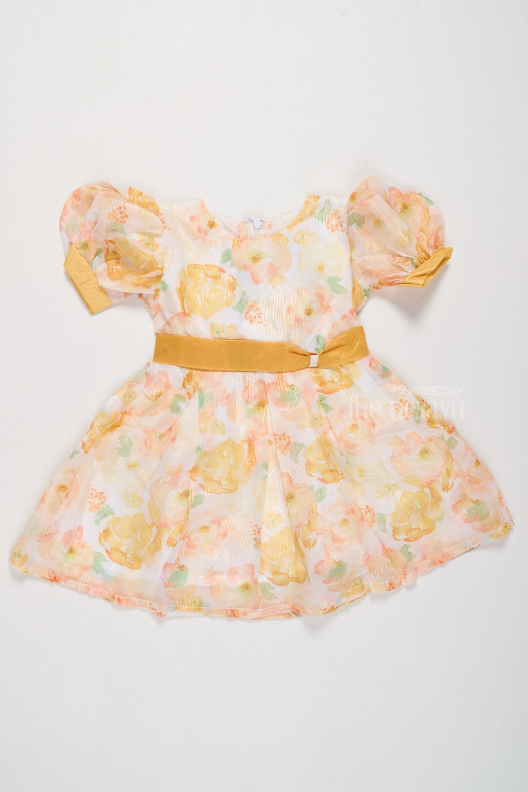 The Nesavu Girls Cotton Frock Girls Fancy Party Dress with Yellow Floral Georgette Design and Puff Sleeves Nesavu Nesavu Girls Fancy Party Dress Yellow Floral Georgette Design Puff Sleeves Bow