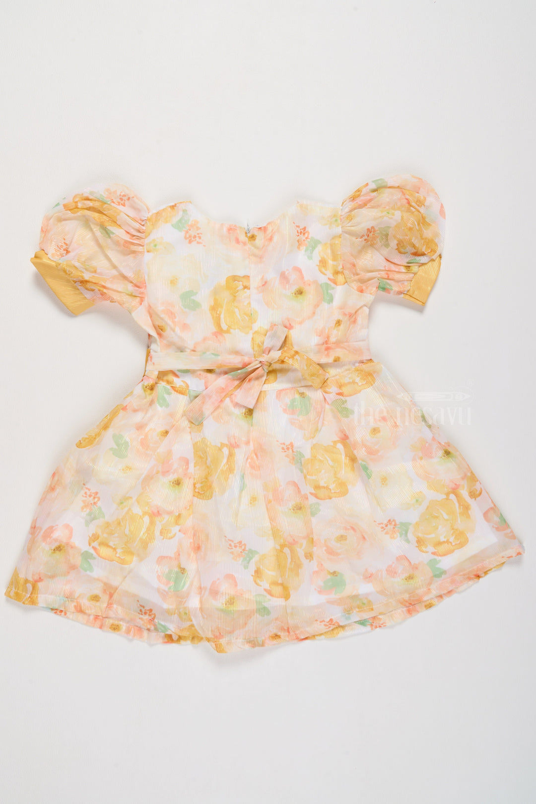 The Nesavu Girls Cotton Frock Girls Fancy Party Dress with Yellow Floral Georgette Design and Puff Sleeves Nesavu Nesavu Girls Fancy Party Dress Yellow Floral Georgette Design Puff Sleeves Bow