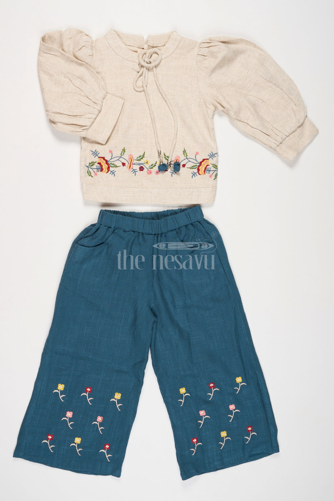 The Nesavu Girls Sharara / Plazo Set Girls Flax Cotton Sharara Set in Beige and Blue with Floral Embroidery for Birthdays and Festive Events Nesavu Nesavu Girls Beige Blue Flax Cotton Sharara Set Floral Embroidery Perfect Festive Occasions Birthdays