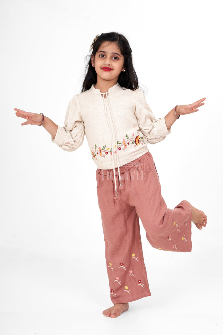 The Nesavu Girls Sharara / Plazo Set Girls Flax Cotton Sharara Set in Beige and Brown with Floral Embroidery for Eid and Family Gatherings Nesavu 20 (3Y) / Beige GPS481A-20 Nesavu Girls Beige Brown Flax Cotton Sharara Set Floral Embroidery Eid Special Gatherings