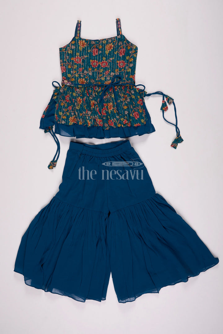 The Nesavu Girls Sharara / Plazo Set Girls' Floral Printed Garara Set with Peplum Blouse and Dupatta Nesavu Elegant Girls' Floral Garara Set with Peplum Blouse and Dupatta