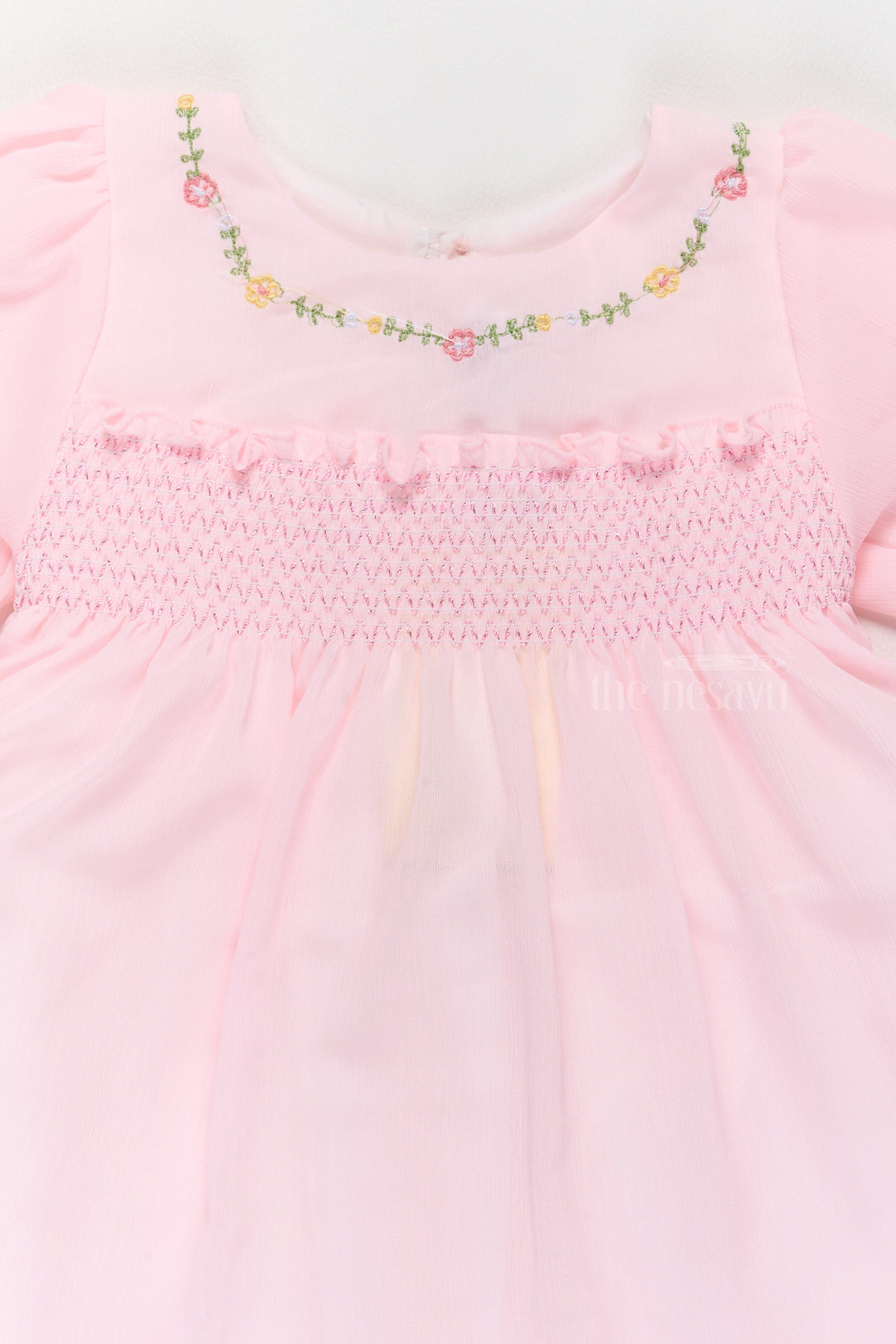 The Nesavu Girls Fancy Frock Girls Formal Dresses in Soft Pink with Smocked Detailing and Puff Sleeves Nesavu 16 (1Y) / Pink GFC1499B-16 Nesavu Girls Formal Dresses Puff Sleeves Smocked Bodice Floral Embroidery