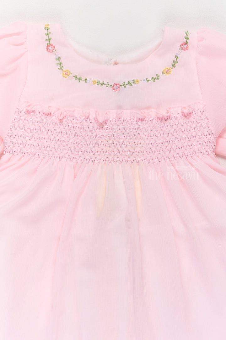 The Nesavu Girls Fancy Frock Girls Formal Dresses in Soft Pink with Smocked Detailing and Puff Sleeves Nesavu 16 (1Y) / Pink GFC1499B-16 Nesavu Girls Formal Dresses Puff Sleeves Smocked Bodice Floral Embroidery