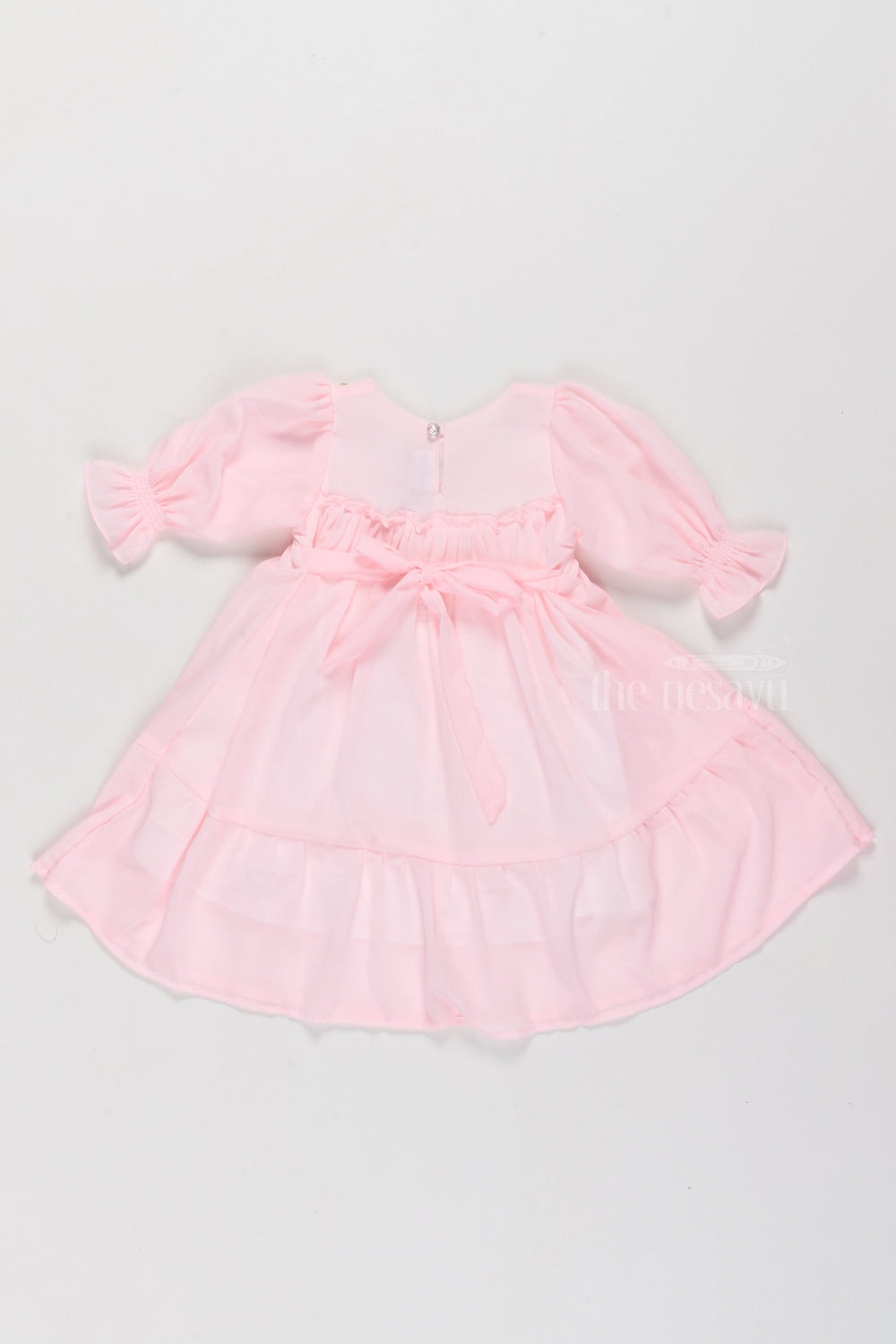 The Nesavu Girls Fancy Frock Girls Formal Dresses in Soft Pink with Smocked Detailing and Puff Sleeves Nesavu Nesavu Girls Formal Dresses Puff Sleeves Smocked Bodice Floral Embroidery