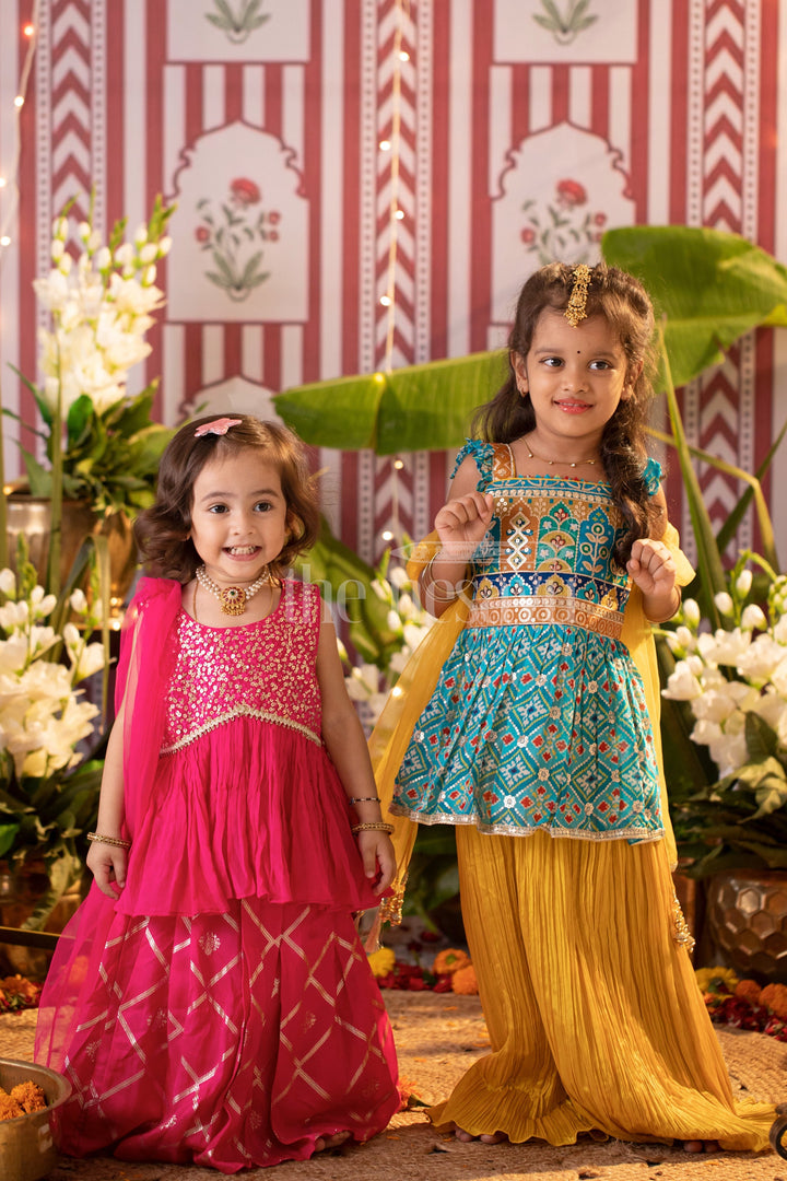 The Nesavu Girls Lehenga Choli Girls Fuchsia 3-Piece Sharara Set with Sequined Top and Layered Skirt Nesavu Nesavu Girls Fuchsia 3-Piece Sharara Set Sequined Top Layered Skirt Festive Events