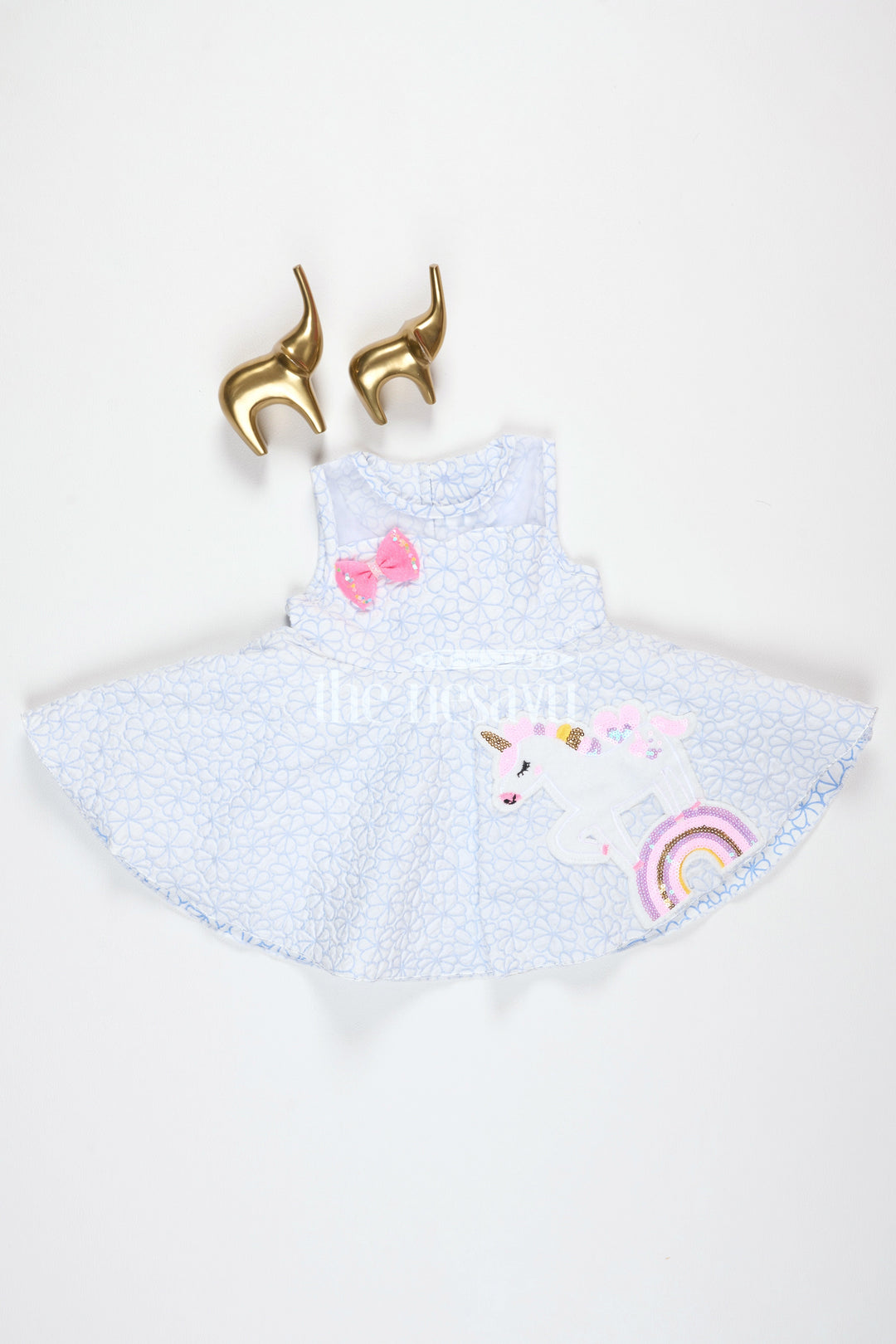 The Nesavu Baby Fancy Frock Girls Gray Princess Frock with Unicorn Patch and Rainbow Detailing for Birthday Celebrations Nesavu 14 (6M) / Gray BFJ637A-14 Nesavu Girls Gray Unicorn Princess Frock Rainbow Bow Birthday Parties Playdates