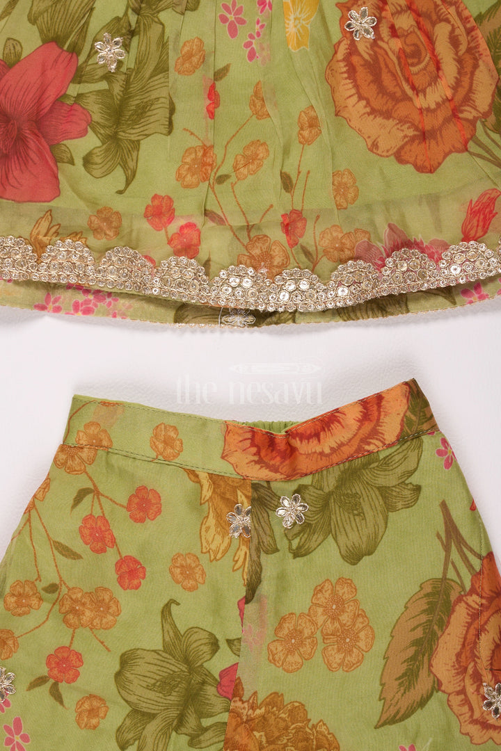 The Nesavu Girls Sharara / Plazo Set Girls Green and Red Floral Sharara Plazo Set with Delicate Gold Embroidery Nesavu Nesavu Green Red Floral Sharara Plazo Set Girls Gold Embroidery