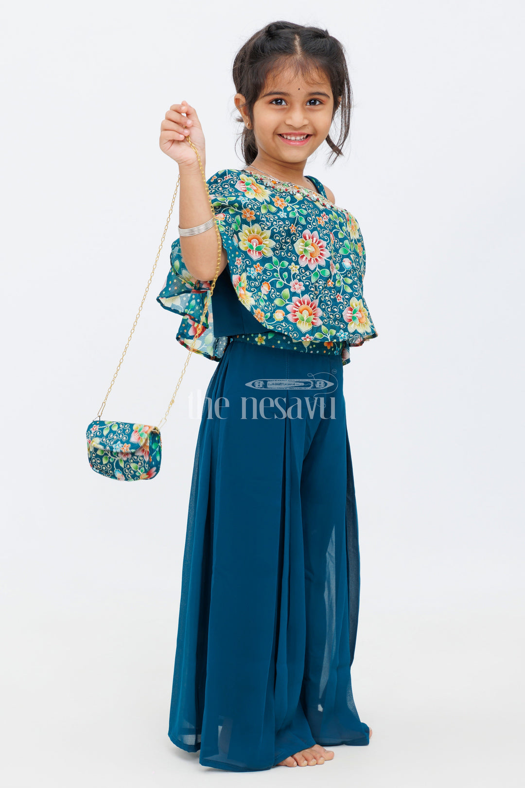 The Nesavu Girls Sharara / Plazo Set Girls Green Floral Print Sharara Set with Off-Shoulder Top and Matching Pouch Nesavu 16 (1Y) / Green GPS402A-16 Nesavu Girls Green Floral Print Sharara Set Off-Shoulder Top Matching Pouch