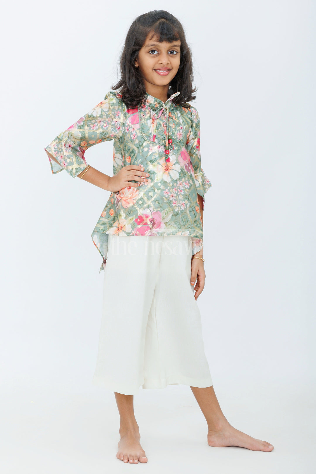 The Nesavu Girls Sharara / Plazo Set Girls Green Floral Printed Top with White Culottes and Camisole for Stylish Daytime Outings Nesavu Nesavu Girls Green Floral Printed Top White Culottes Camisole Semi-Formal Outings