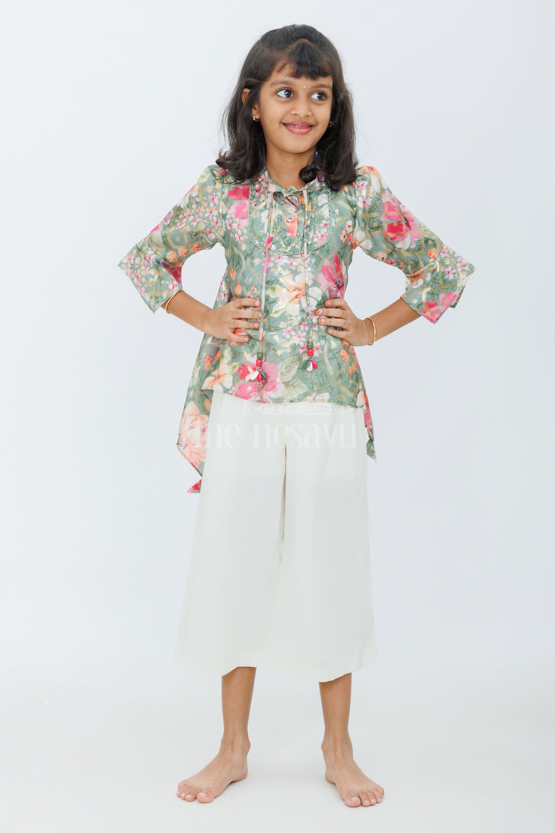 The Nesavu Girls Sharara / Plazo Set Girls Green Floral Printed Top with White Culottes and Camisole for Stylish Daytime Outings Nesavu Nesavu Girls Green Floral Printed Top White Culottes Camisole Semi-Formal Outings