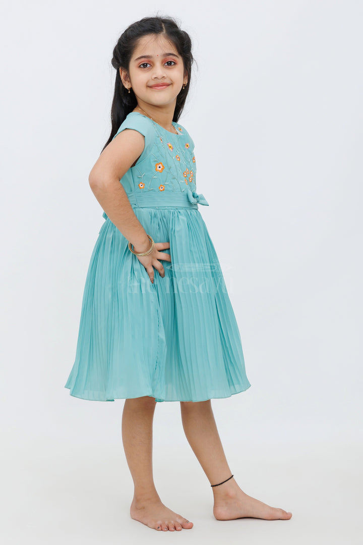 The Nesavu Girls Fancy Frock Girls Green Sleeveless Floral Embroidered Frock with Pleated Skirt Nesavu Nesavu Girls Green Floral Embroidered Frock Pleated Skirt Fabric Flower Accent