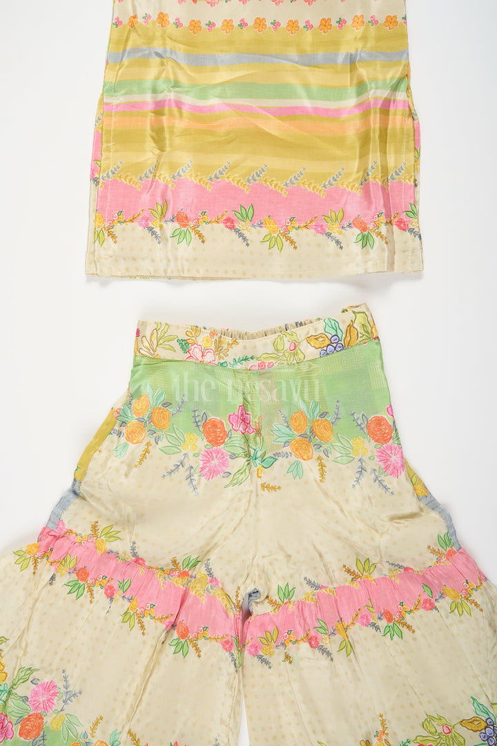 The Nesavu Girls Sharara / Plazo Set Girls Green Striped Sharara Set with Floral Embroidery and Ruffled Pants Nesavu Nesavu Girls Green Striped Sharara Set Floral Embroidery Ruffled Pants Casual Outings