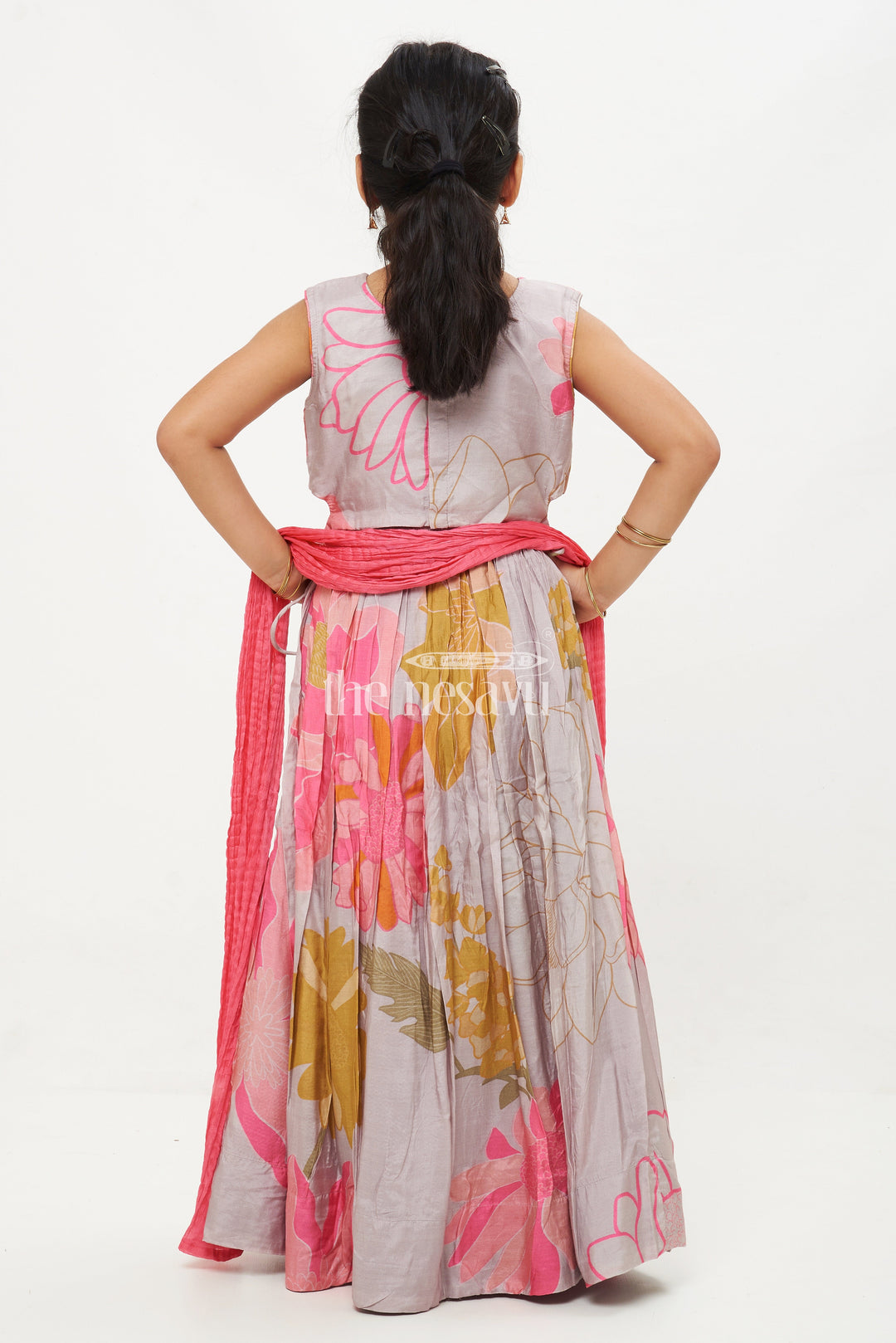 The Nesavu Girls Lehenga Choli Girls' Grey Modal Silk Lehenga Choli with Floral Print and Mirror Embellishments Nesavu Grey Modal Silk Lehenga Choli with Floral Print and Mirror Embellishments for Girls