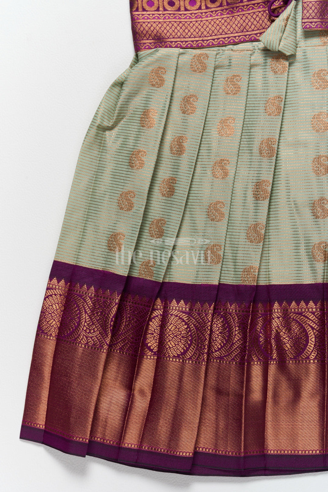 The Nesavu Girls Kanchi Silk Frock Girls Kanchi Silk Frock with Elegant Gold and Purple Brocade and Puff Sleeves Nesavu New Dress Collection Pongal Girls Kanchi Silk Frock Purple Brocade Nesavu