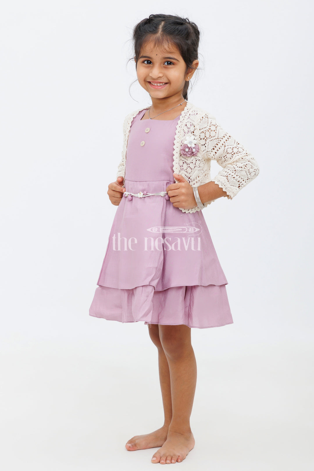 The Nesavu Girls Fancy Frock Girls Lavender Party Dress with Crochet Bolero and Double-Tiered Skirt Nesavu Nesavu Girls Lavender Party Dress Crochet Bolero Tiered Skirt Special Occasions