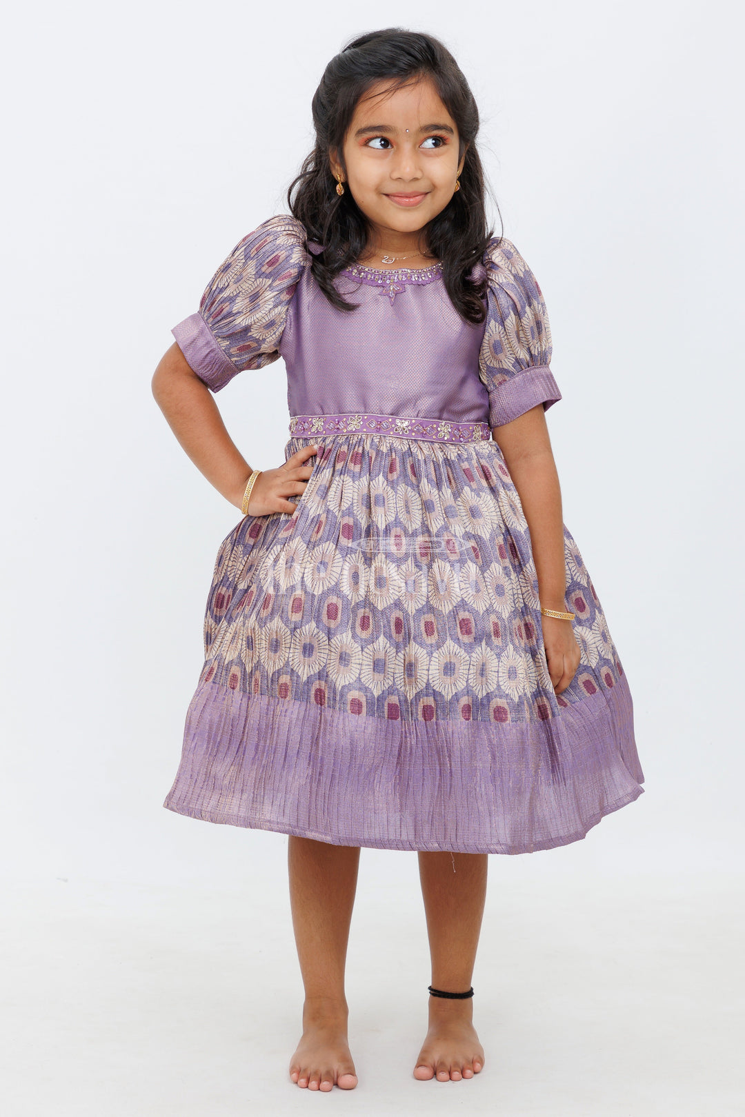 The Nesavu Silk Frock Girls Lavender Silk Frock with Puff Sleeves and Regal Peacock Feather Pattern Nesavu Nesavu Girls Lavender Silk Frock Peacock Feather Pattern Puff Sleeves Special Occasions