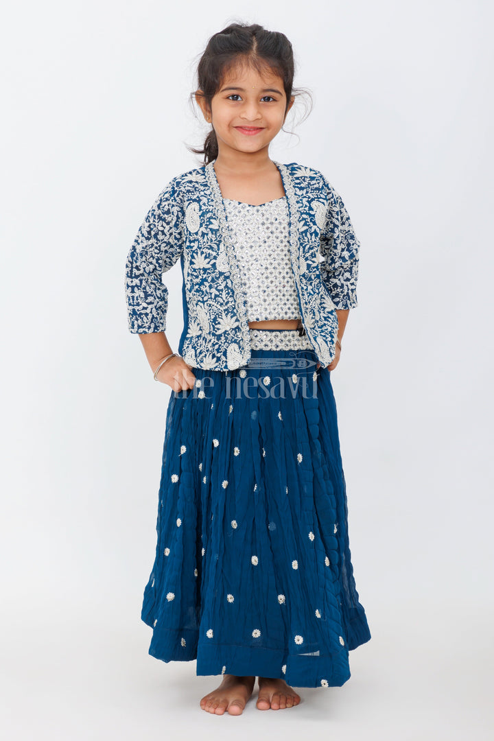 The Nesavu Girls Lehenga Choli Girls Lehenga Choli Set in Blue with Embroidered Jacket and Paisley Floral Motifs Nesavu Nesavu Girls Lehenga Choli Set Navy Blue Paisley Embroidery Sequins