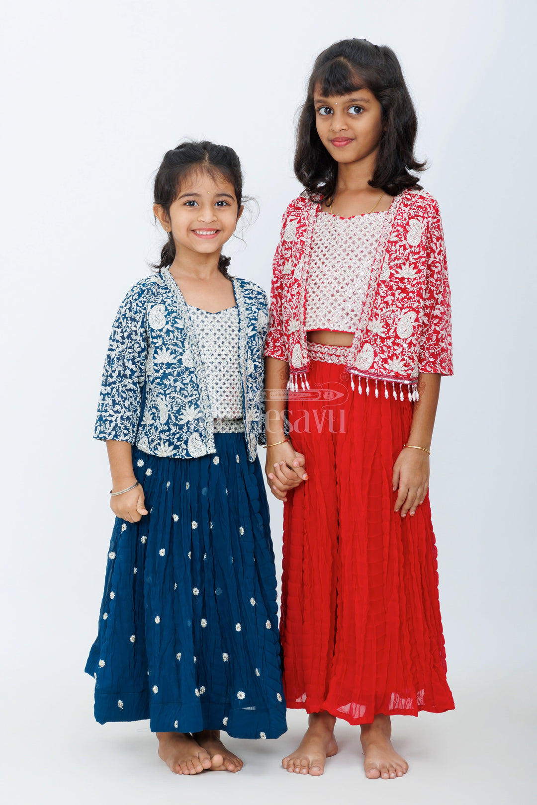 The Nesavu Girls Lehenga Choli Girls Lehenga Choli Set in Blue with Embroidered Jacket and Paisley Floral Motifs Nesavu Nesavu Girls Lehenga Choli Set Navy Blue Paisley Embroidery Sequins