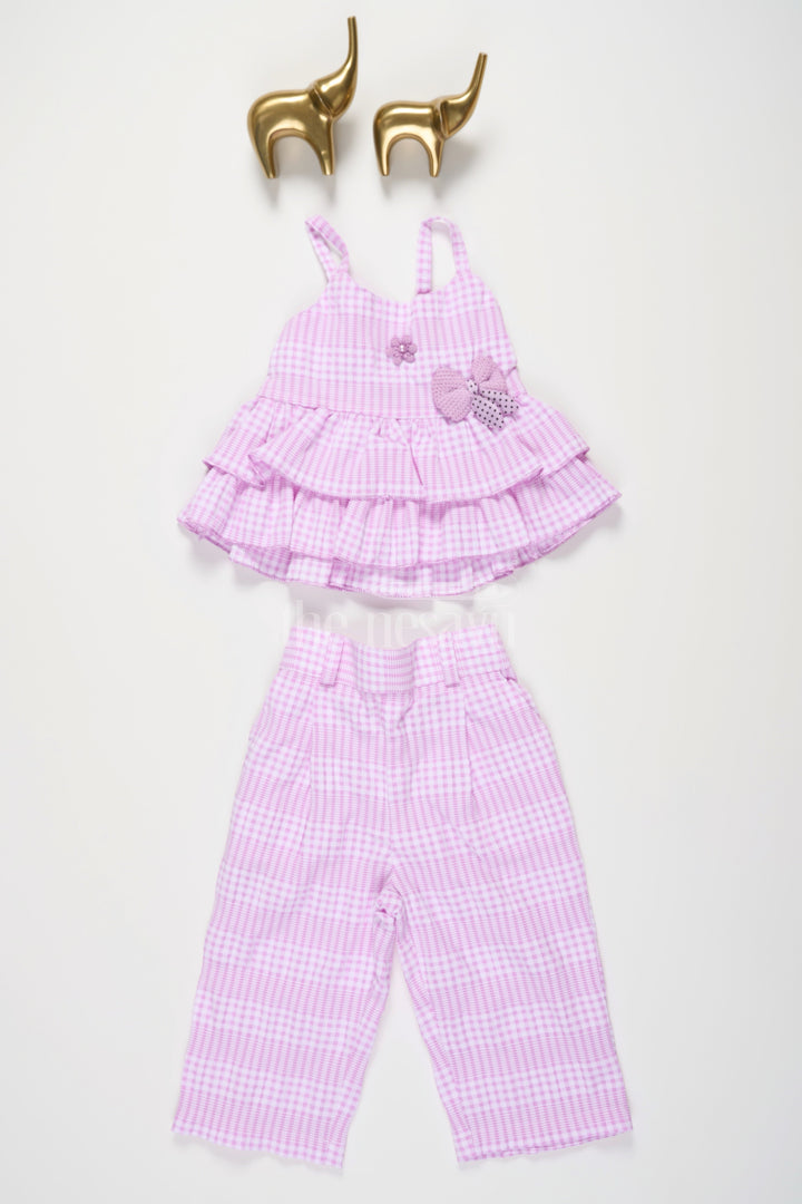 The Nesavu Girls Casual Set Girls Lilac Plaid Casual Co-Ord Set with Sleeveless Ruffled Top and Capri Pants Nesavu 16 (1Y) / Pink GPS435A-16 Nesavu Girls Plaid Co-Ord Set Ruffled Sleeveless Top Matching Capri Pants