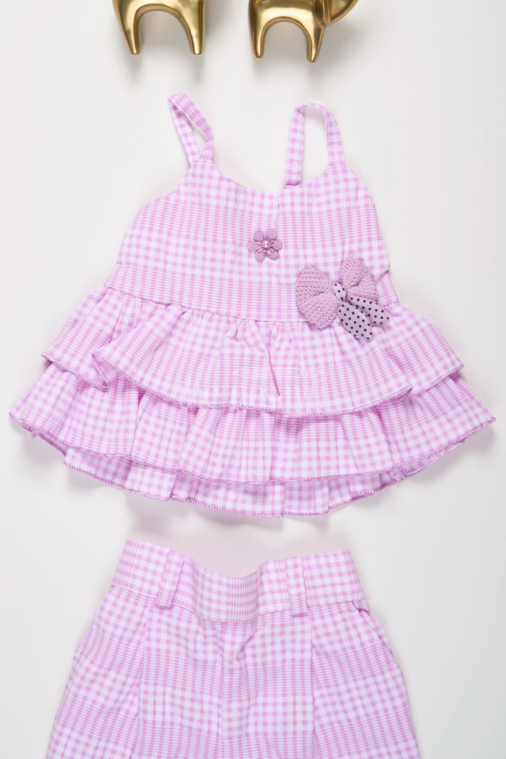 The Nesavu Girls Casual Set Girls Lilac Plaid Casual Co-Ord Set with Sleeveless Ruffled Top and Capri Pants Nesavu Nesavu Girls Plaid Co-Ord Set Ruffled Sleeveless Top Matching Capri Pants