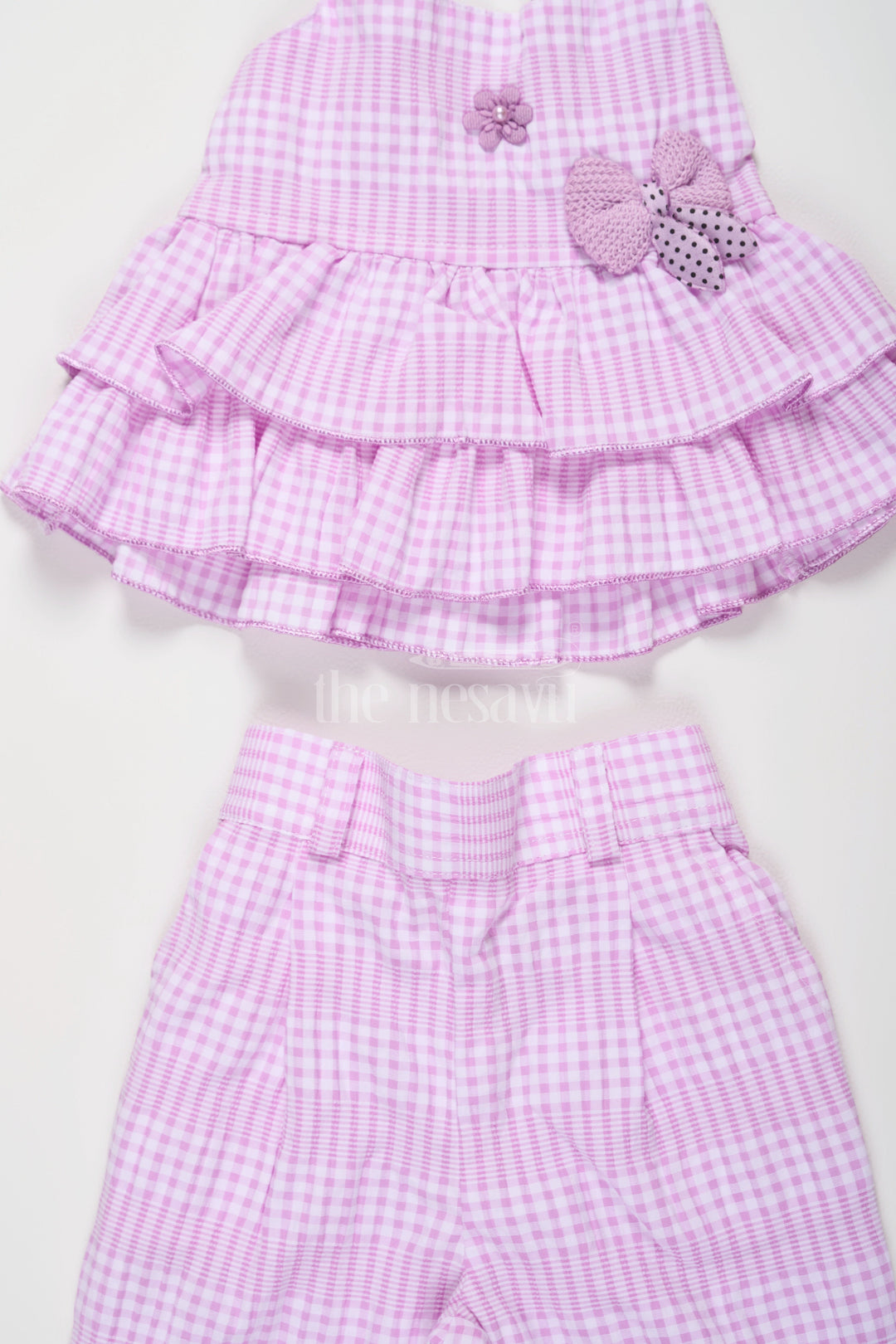 The Nesavu Girls Casual Set Girls Lilac Plaid Casual Co-Ord Set with Sleeveless Ruffled Top and Capri Pants Nesavu Nesavu Girls Plaid Co-Ord Set Ruffled Sleeveless Top Matching Capri Pants