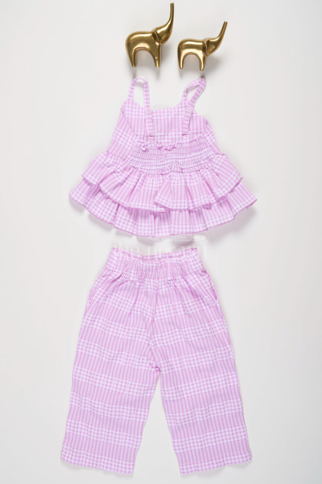 The Nesavu Girls Casual Set Girls Lilac Plaid Casual Co-Ord Set with Sleeveless Ruffled Top and Capri Pants Nesavu Nesavu Girls Plaid Co-Ord Set Ruffled Sleeveless Top Matching Capri Pants