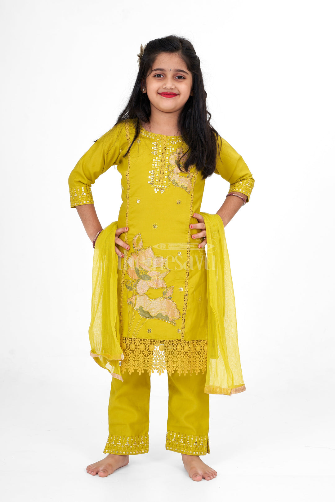 The Nesavu Girls Sharara / Plazo Set Girls Lime Green Viscose Modal Silk Sharara Choli Set with Lace Detailing for Festive Events and Gatherings Nesavu Nesavu Girls Lime Green Viscose Modal Silk Sharara Choli Lace Eid Festive Gatherings