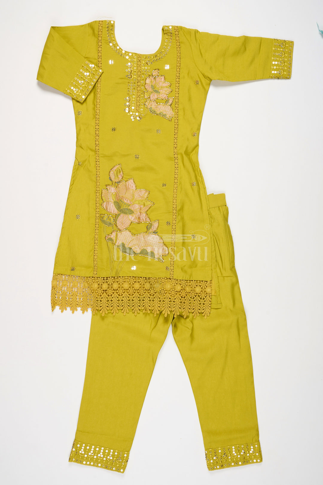 The Nesavu Girls Sharara / Plazo Set Girls Lime Green Viscose Modal Silk Sharara Choli Set with Lace Detailing for Festive Events and Gatherings Nesavu Nesavu Girls Lime Green Viscose Modal Silk Sharara Choli Lace Eid Festive Gatherings