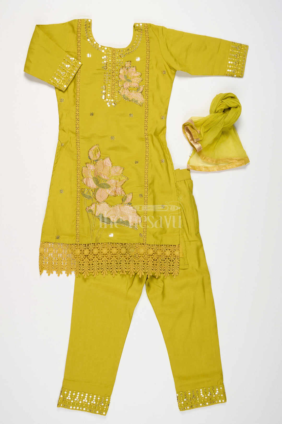 The Nesavu Girls Sharara / Plazo Set Girls Lime Green Viscose Modal Silk Sharara Choli Set with Lace Detailing for Festive Events and Gatherings Nesavu Nesavu Girls Lime Green Viscose Modal Silk Sharara Choli Lace Eid Festive Gatherings