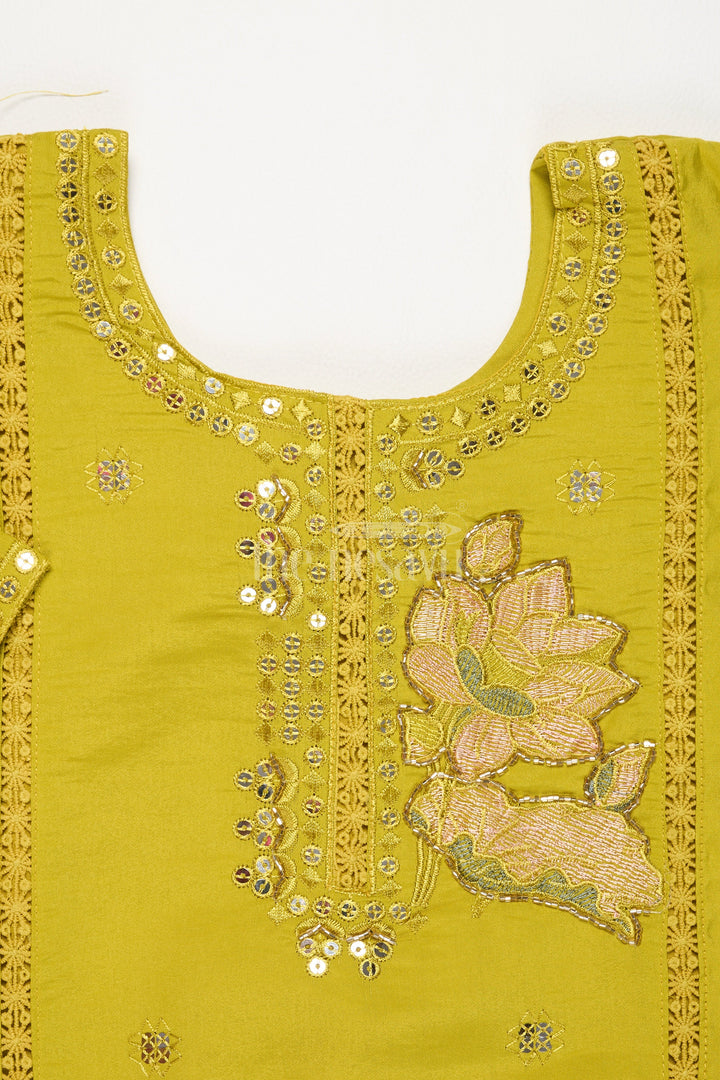 The Nesavu Girls Sharara / Plazo Set Girls Lime Green Viscose Modal Silk Sharara Choli Set with Lace Detailing for Festive Events and Gatherings Nesavu Nesavu Girls Lime Green Viscose Modal Silk Sharara Choli Lace Eid Festive Gatherings