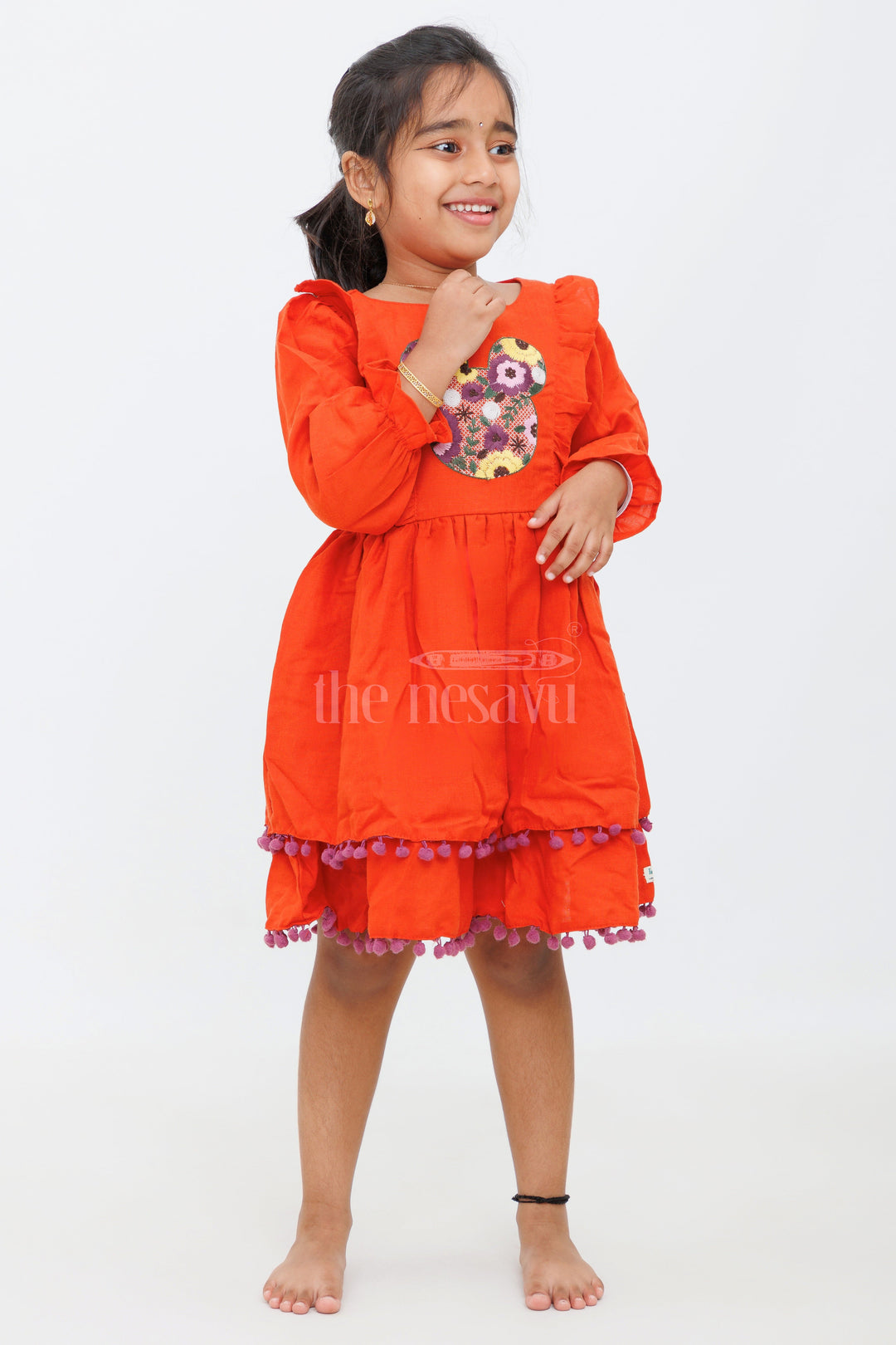 The Nesavu Girls Cotton Frock Girls Maroon Dress with Floral Embroidery and Tiered Skirt - Long Party Frock Nesavu Nesavu Maroon Long Frock Girls Floral Embroidery Tiered Skirt Festive Events